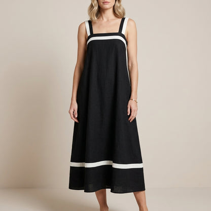 Contrast Trim Sleeveless A-Line Statement Maxi Dress