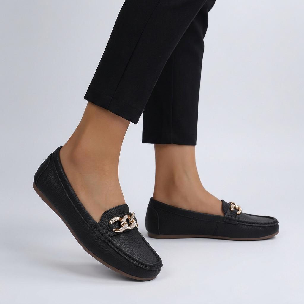 Classic Orthopedic Slip-On Loafers with Gold Chain Accent
