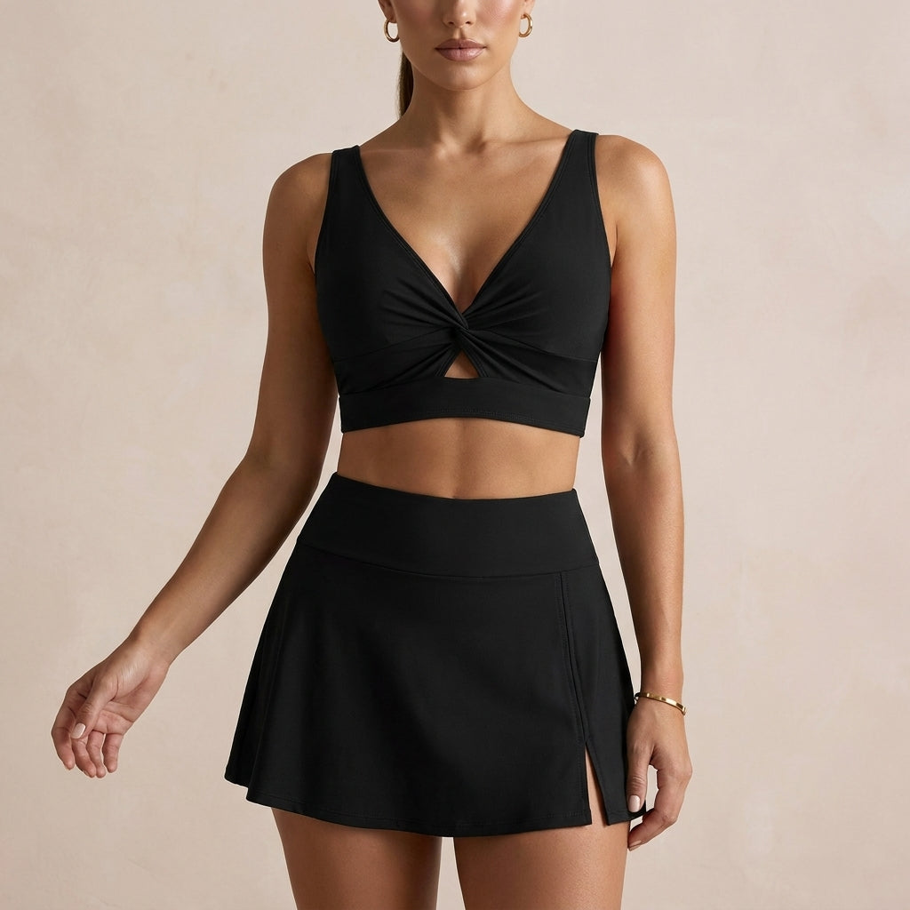 Twist-Front Two-Piece Bikini Set with High-Waisted Swim Skirt