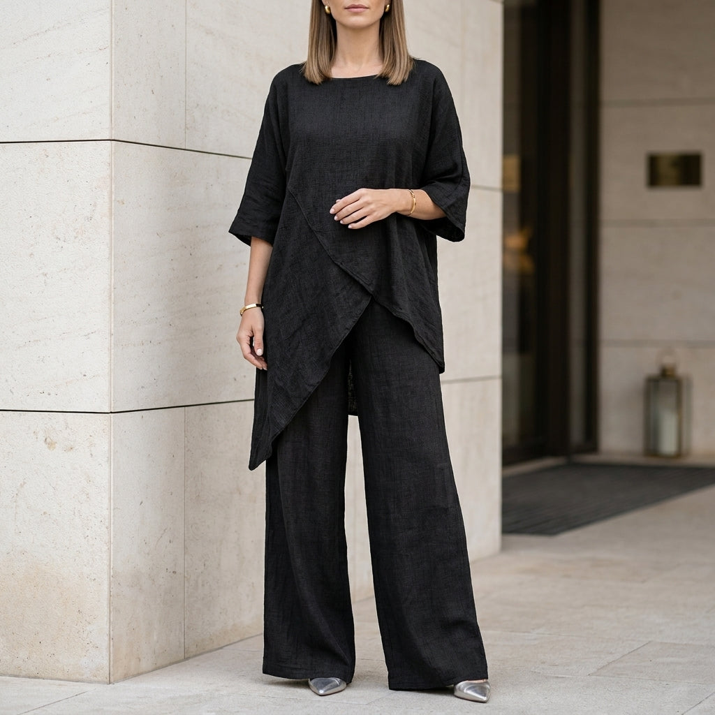 Relaxed Two-Piece Set with Flowing Wide-Leg Pants Elegance