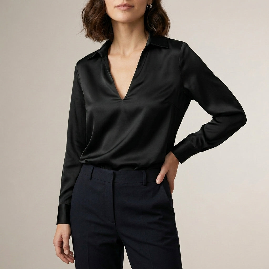 Tailored V-Neck Blouse with Spread Collar and Lustrous Finish
