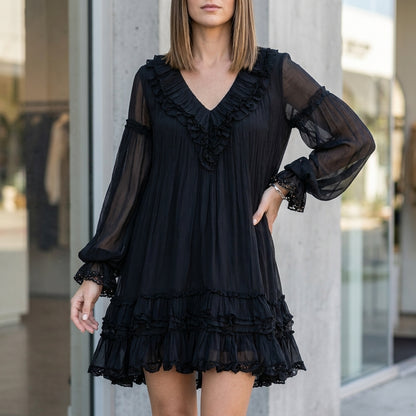Flowing V-Neck Ruffle Mini Dress with Billowy Balloon Sleeves