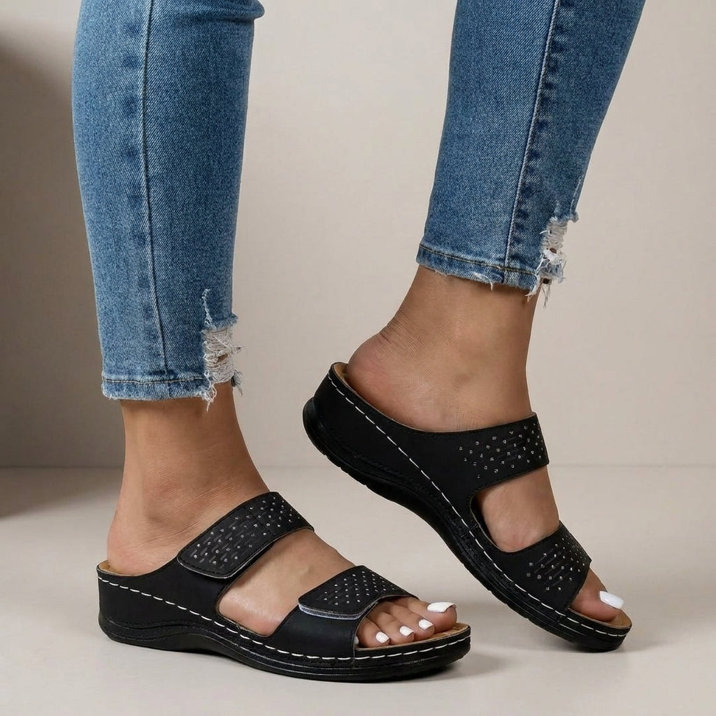 Structured Dual-Strap Wedge Sandals with Laser-Cut Geometric Detail for Relaxed Comfort