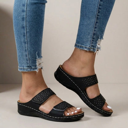 Structured Dual-Strap Wedge Sandals with Laser-Cut Geometric Detail for Relaxed Comfort