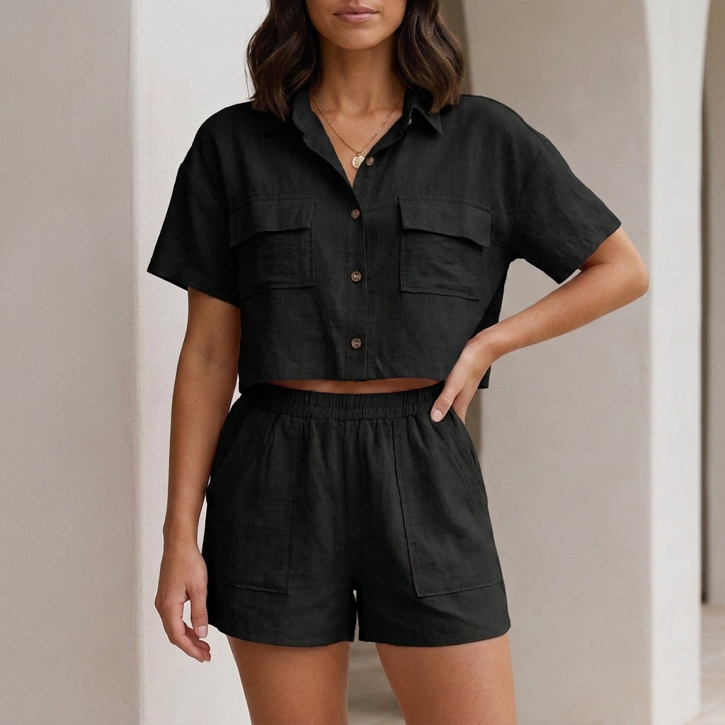 Button Front Pocket Shirt and Shorts Lounge Set