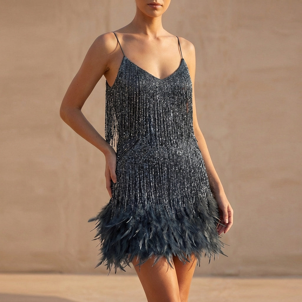 The Shimmering Fringe & Feather Mini Dress