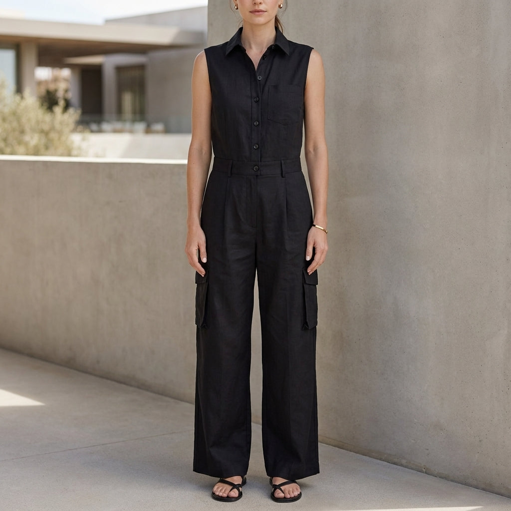 Tailored Sleeveless Utility Jumpsuit with Wide-Leg Silhouette and Collar