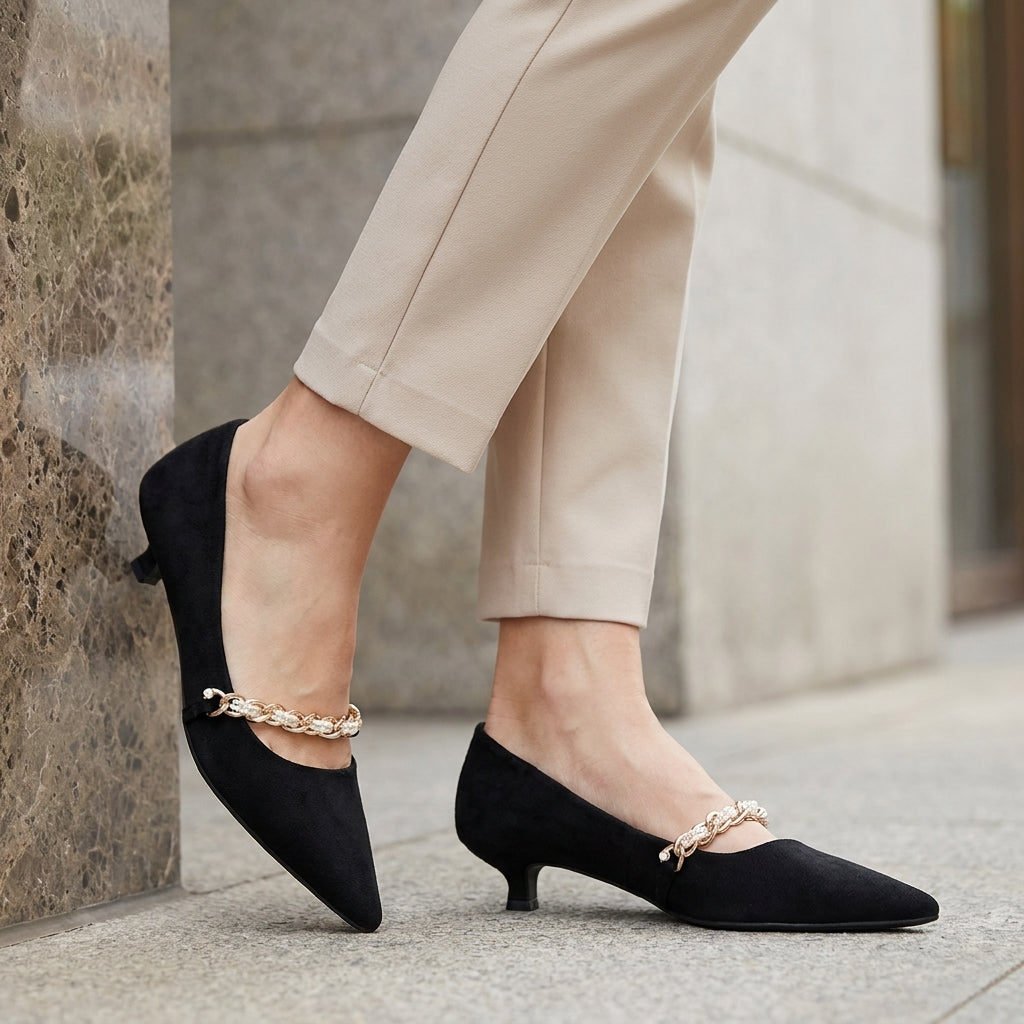 Elegant Pointed Toe Kitten Heels with Delicate Gold Chain Accent