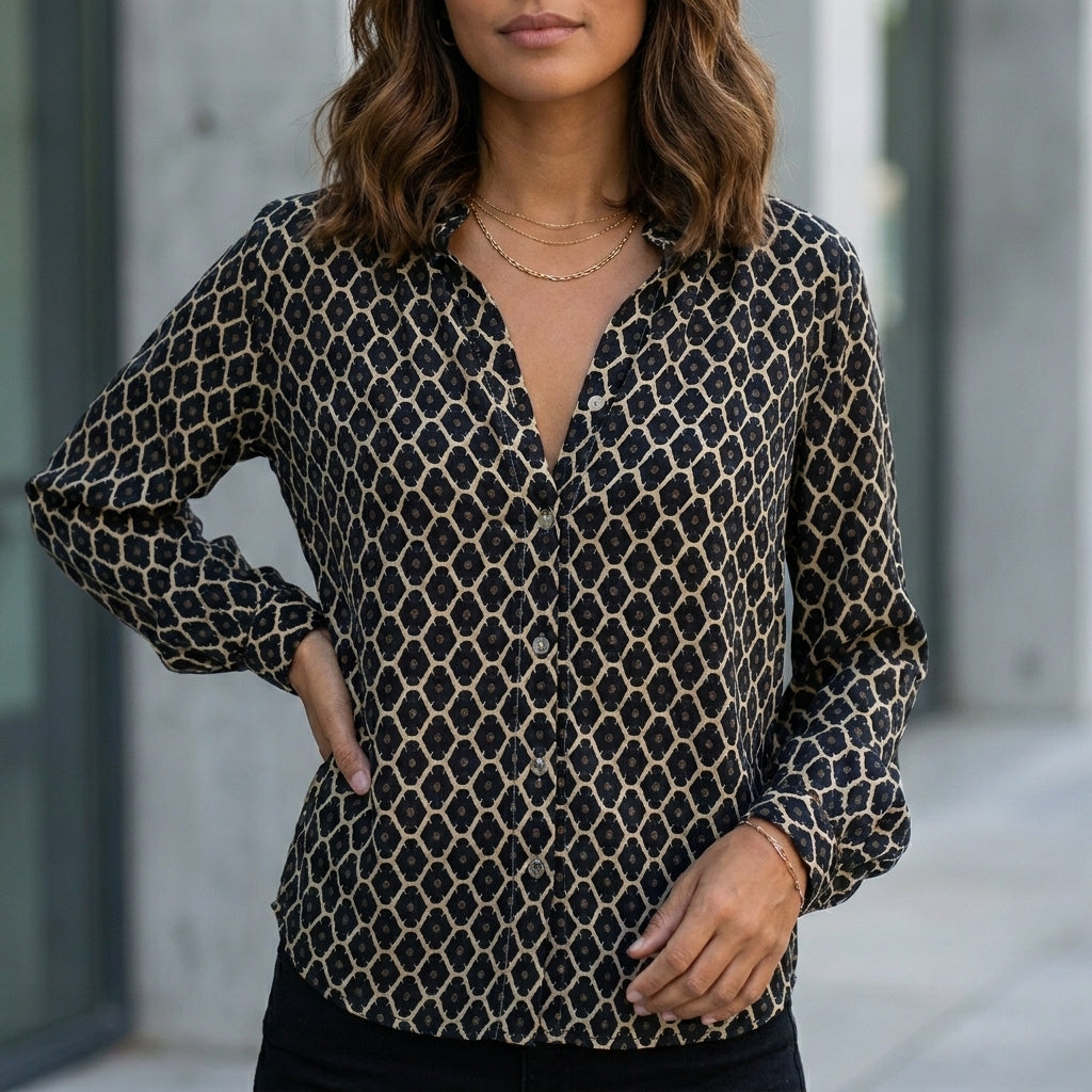 Relaxed V-Neck Geometric Printed Long-Sleeve Woven Blouse