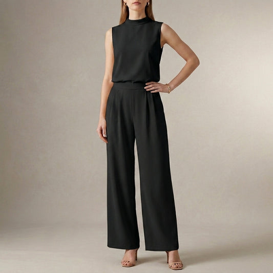 Tailored Sleeveless Mock-Neck Top with High-Waisted Wide-Leg Trousers Set