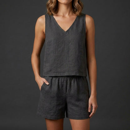 Relaxed V-Neck Vest and Pleated Shorts Set in Lightweight Woven Fabric