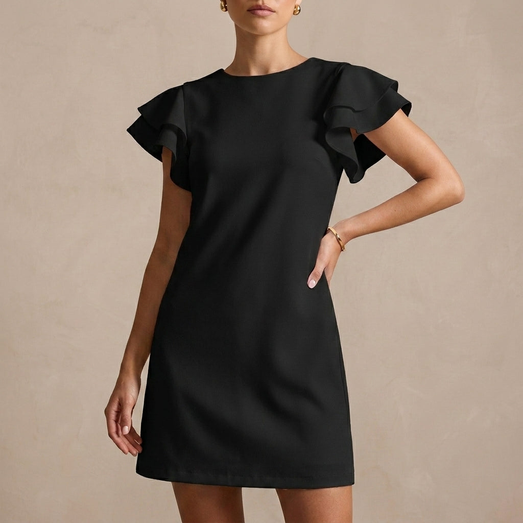 Elegant Backless Shift Dress with Layered Ruffle Sleeves and Boat Neckline
