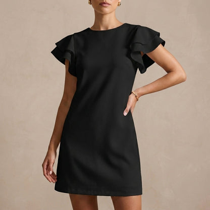 Elegant Backless Shift Dress with Layered Ruffle Sleeves and Boat Neckline