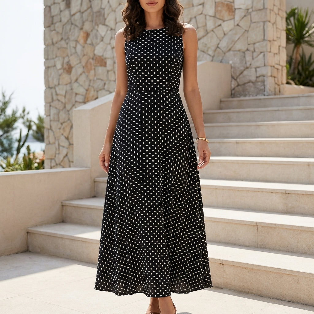 Open Back Polka Dot Maxi Dress with Tie Detail