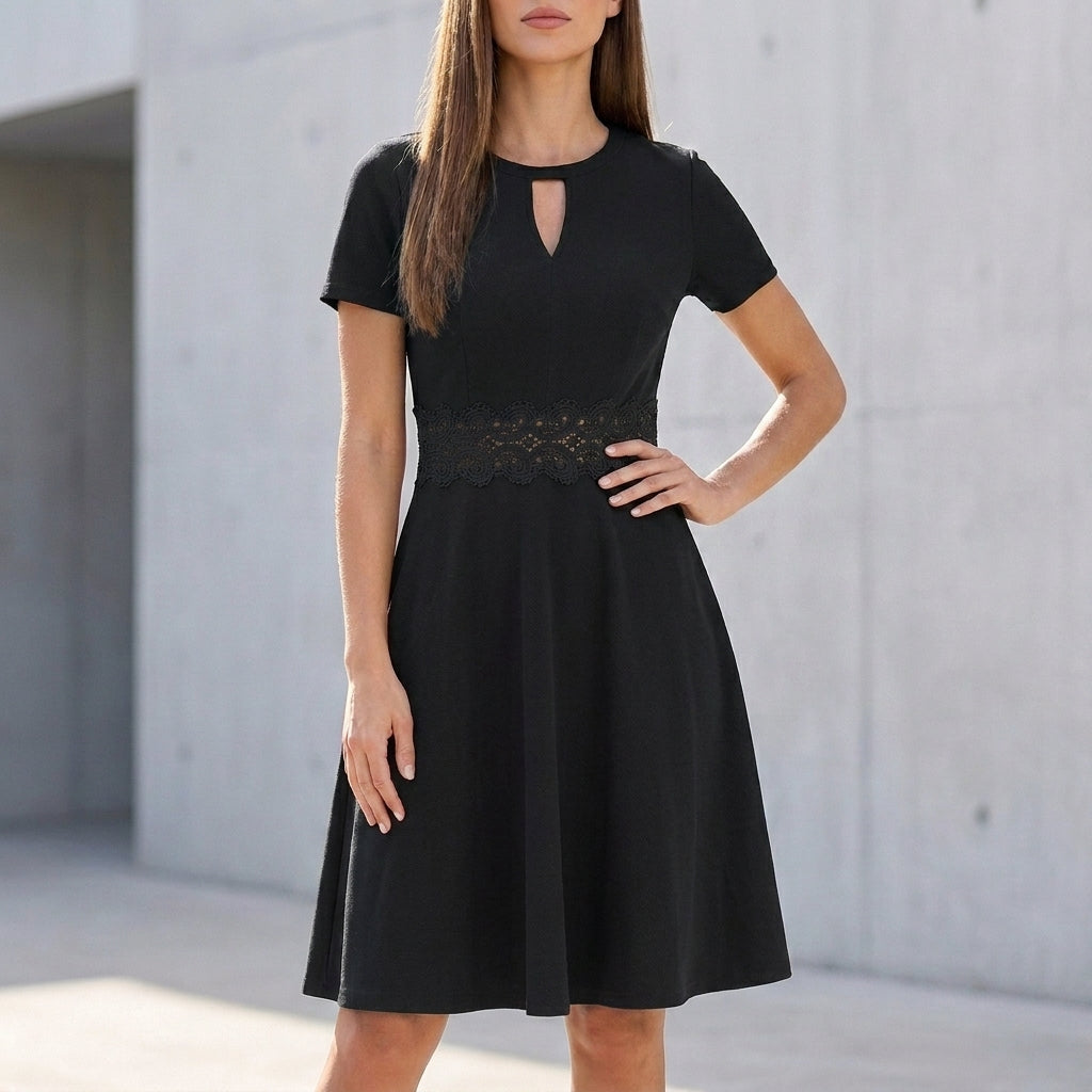 Structured A-Line Knee-Length Dress with Lace Waist and Keyhole Neckline
