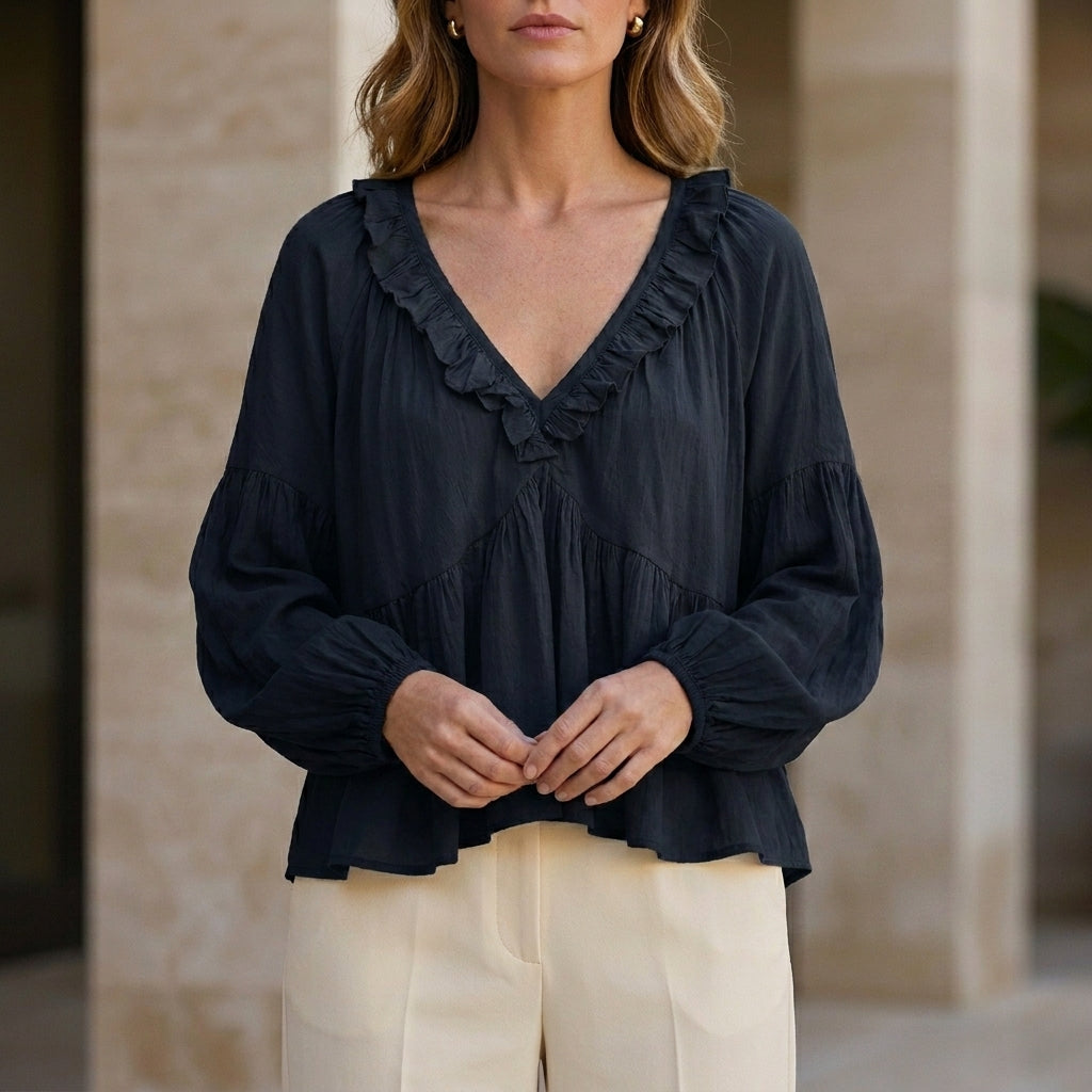 Ruffle Trim V-Neck Peplum Blouse
