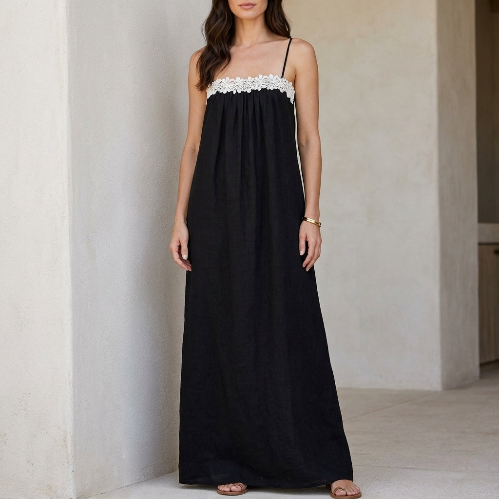 Contrast Trim Smocked Bodice Maxi Dress