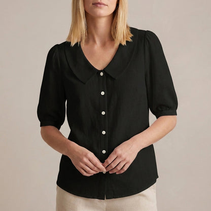 Relaxed Woven Button-Down Blouse with Peter Pan Collar and Puff Sleeves