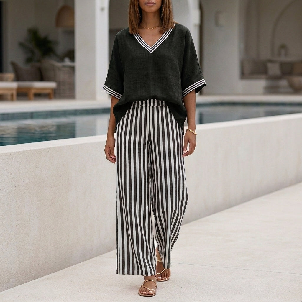 Relaxed V-Neck Two-Piece Set with Wide-Leg Striped Trousers