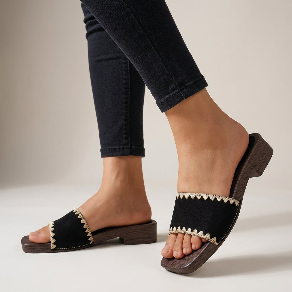 Wide-Strap Embroidered Slide Sandals with Sculpted Wood-Grain Sole