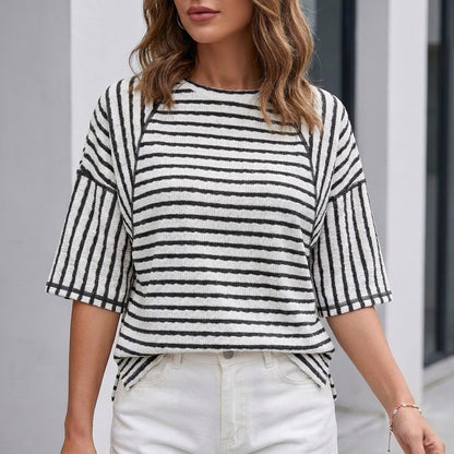 Relaxed Coastal Stripe Textured Blouse for Everyday Elegance