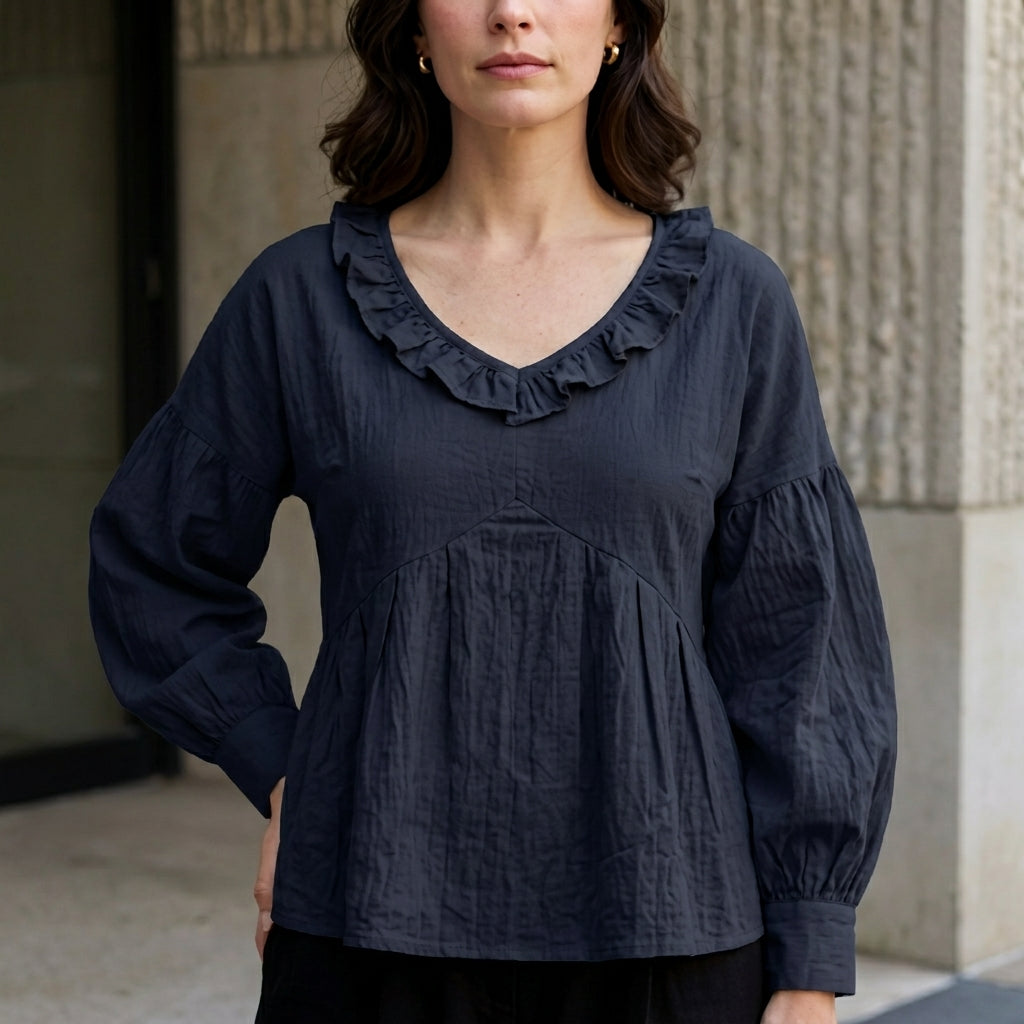 Relaxed Ruffle Trim V-Neck Peasant Blouse