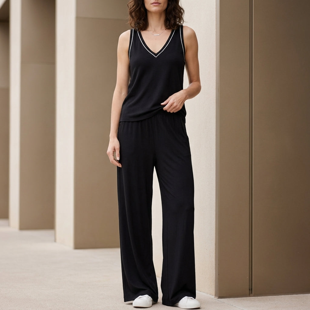 Relaxed V-Neck Sleeveless Lounge Set with Wide-Leg Pants