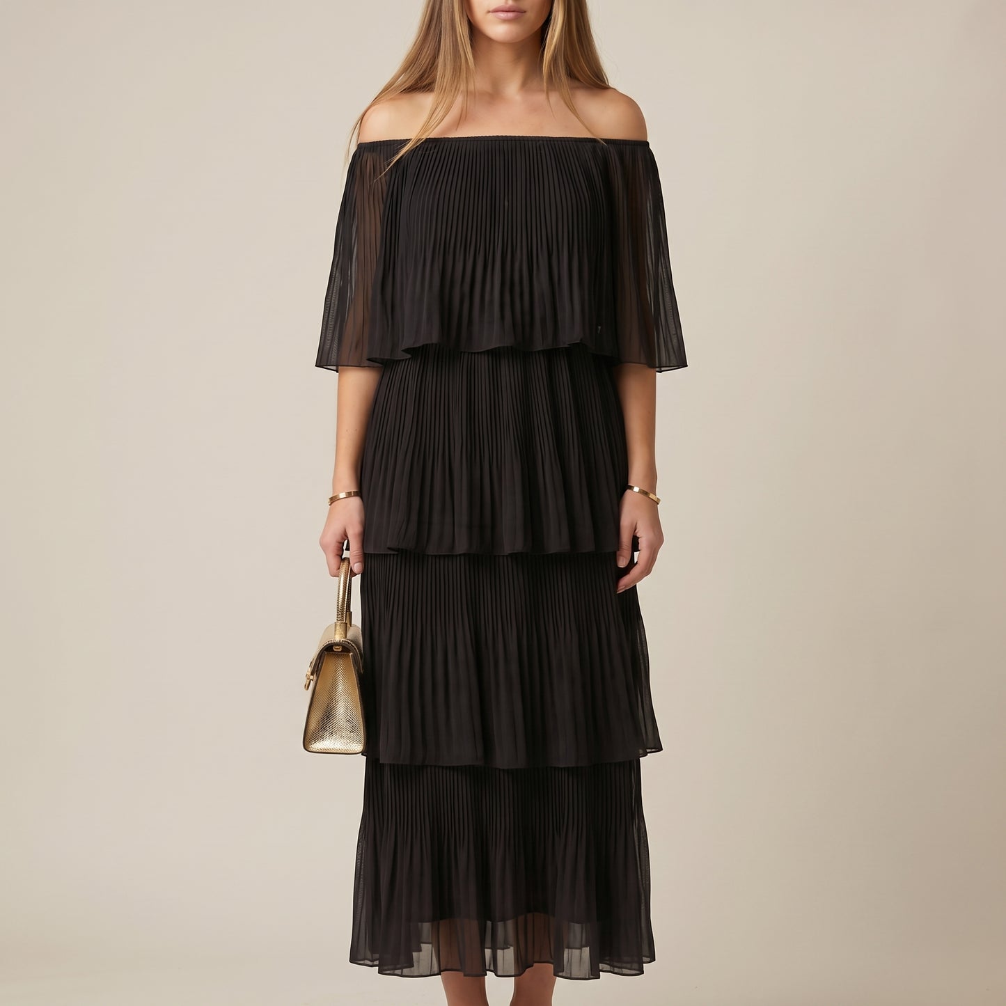 Flowing Off-Shoulder Maxi Dress with Sheer Tiered Accordion Pleats