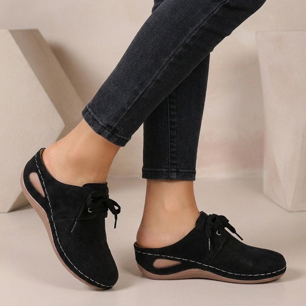 Lace-up Wedge Mules with Perforated Detail and Contrast Stitching