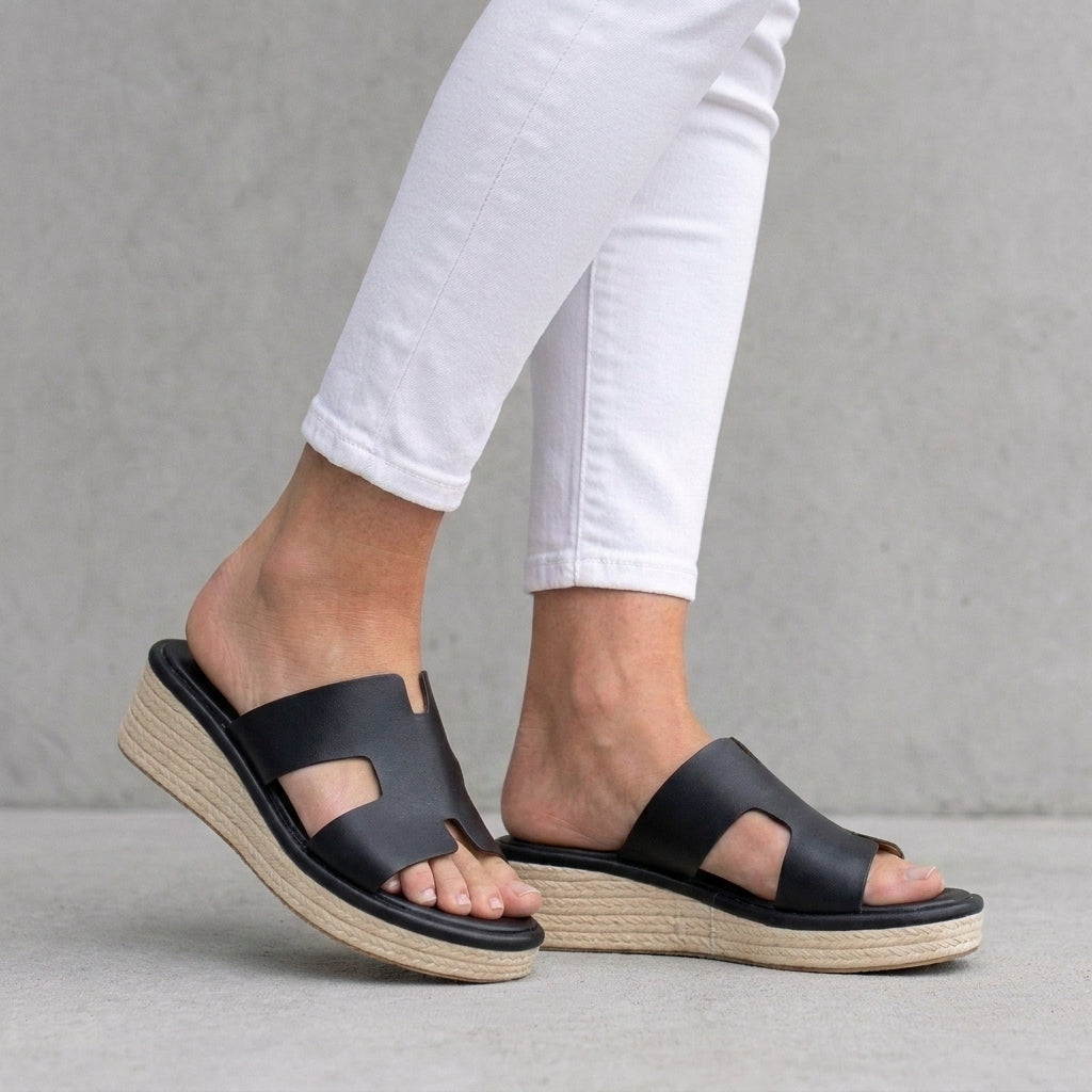 Wedge Slide Sandals with Cutout Strap and Open-Toe Design