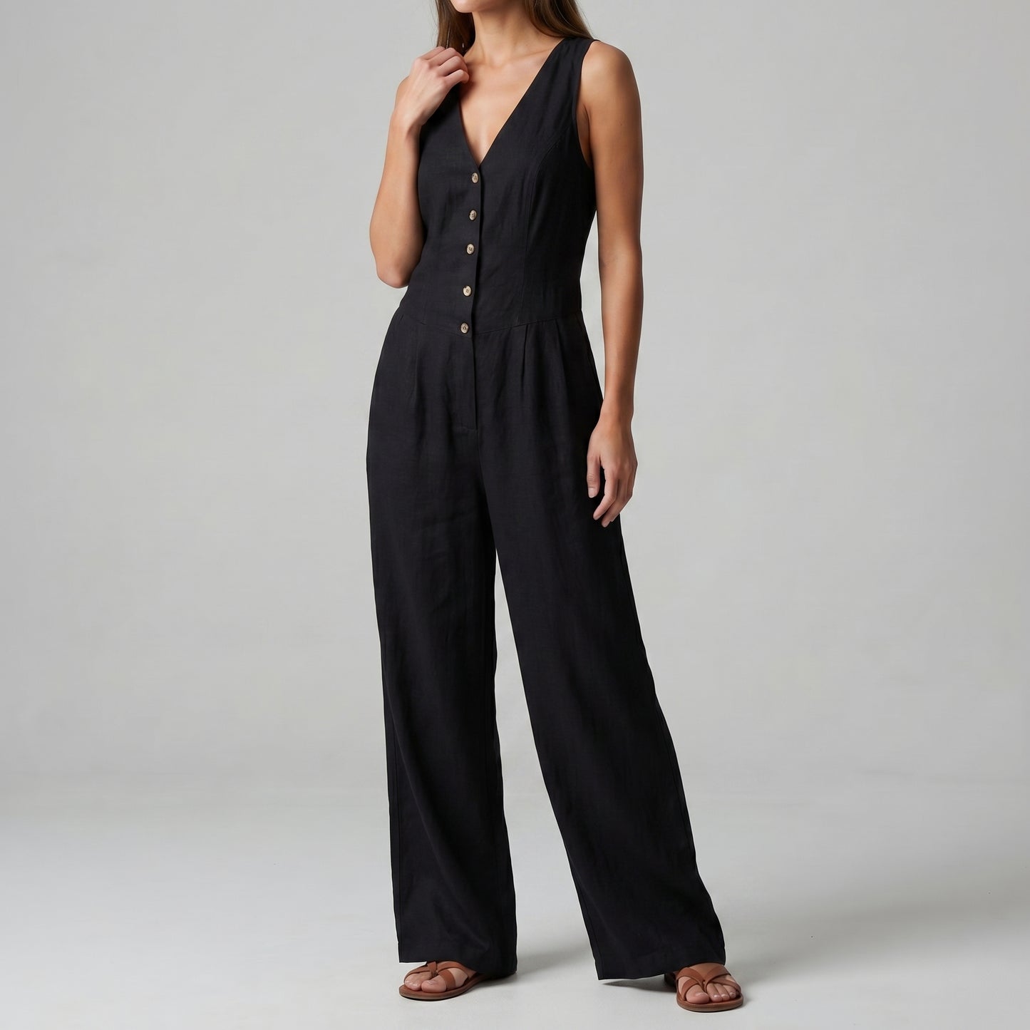 Textured Wide-Leg Sleeveless Jumpsuit with Tailored Bodice and Button Front