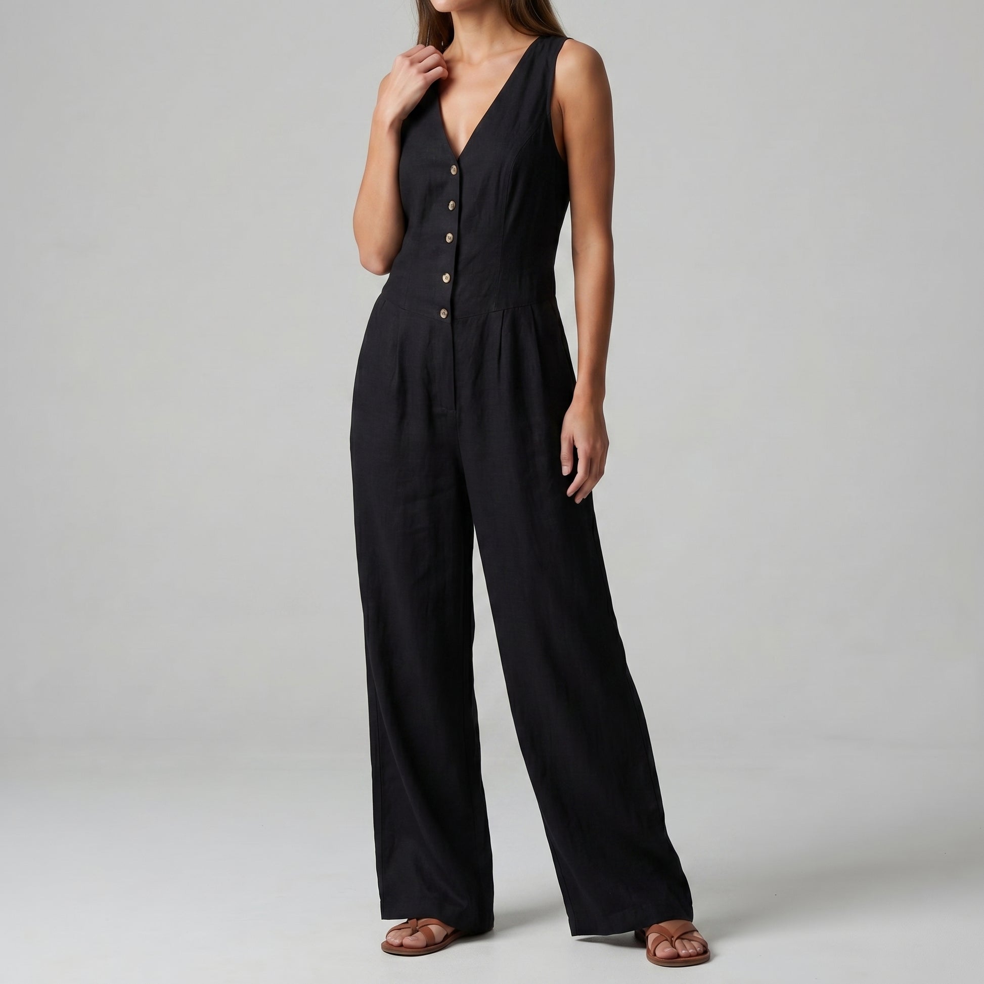 Textured Wide-Leg Sleeveless Jumpsuit with Tailored Bodice and Button Front