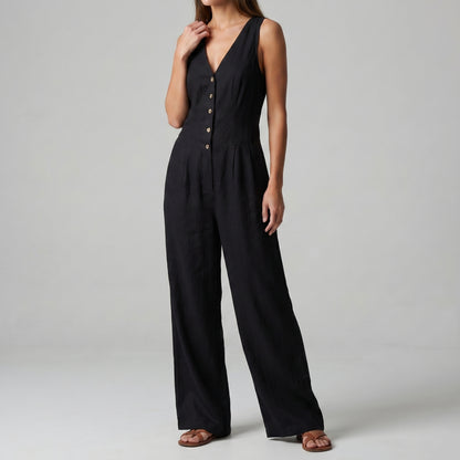 Textured Wide-Leg Sleeveless Jumpsuit with Tailored Bodice and Button Front