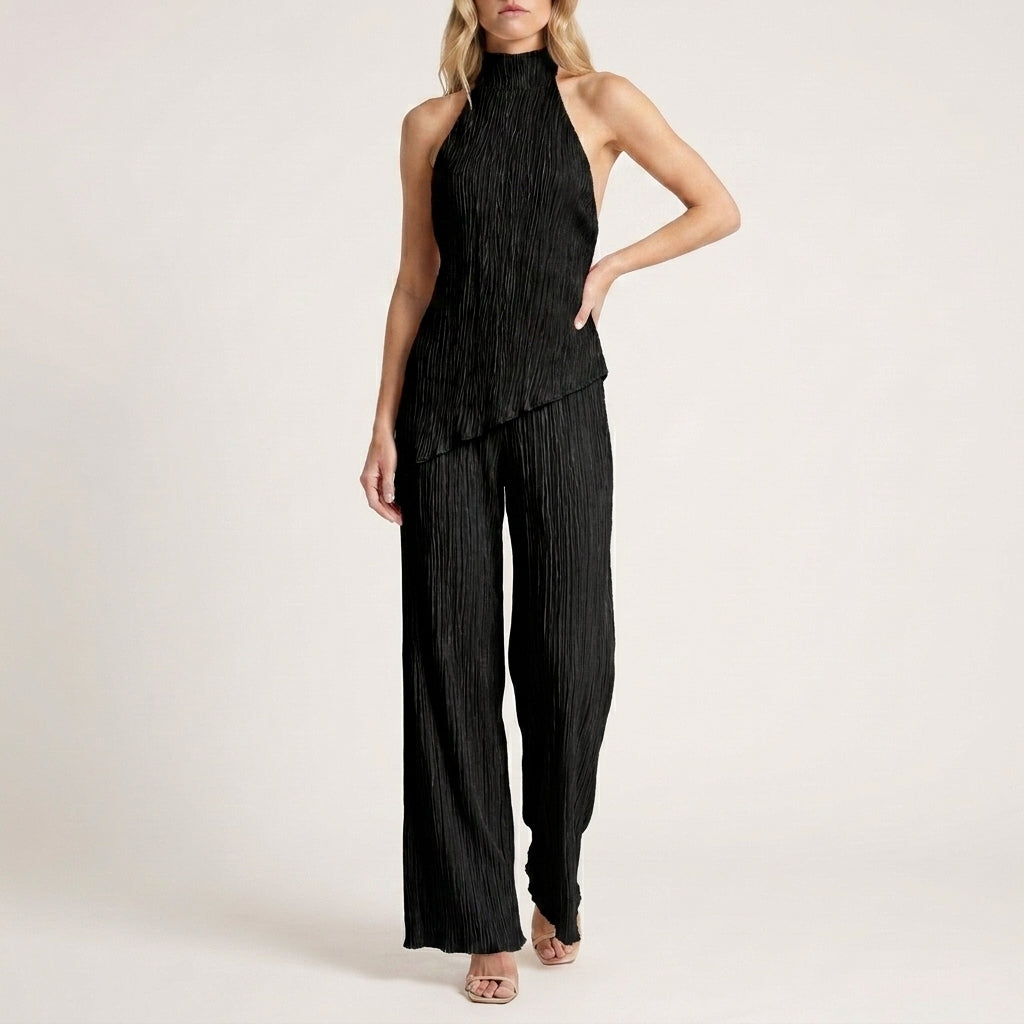 Celeste Pleated Halter Top and Wide-Leg Pant Set