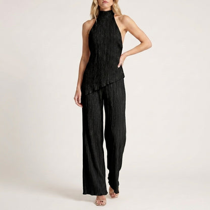 Celeste Pleated Halter Top and Wide-Leg Pant Set