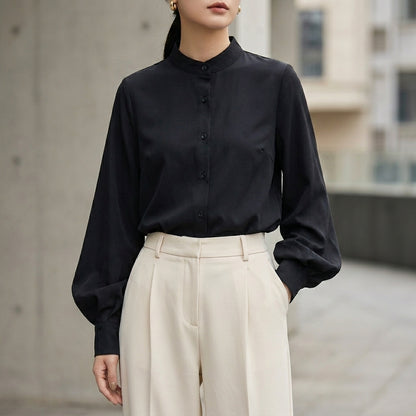 Sophisticated Stand-Collar Shirt with Dramatic Lantern Sleeves