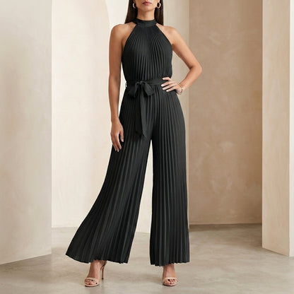 Elegant Pleated Halter Neck Jumpsuit with Flowing Wide Legs