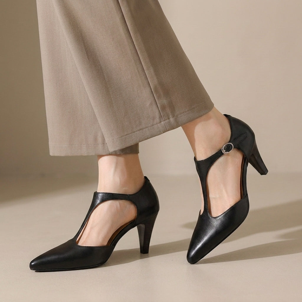 Vintage T-Strap Pointed Toe Mid-Heel Pumps