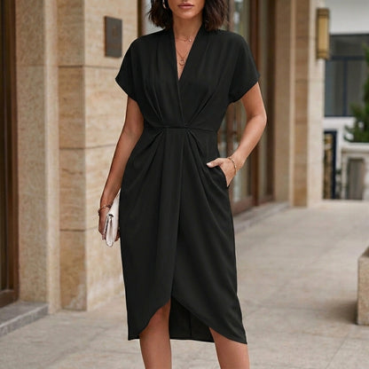 Elegant Draped Tulip Midi Dress with Defined Waist