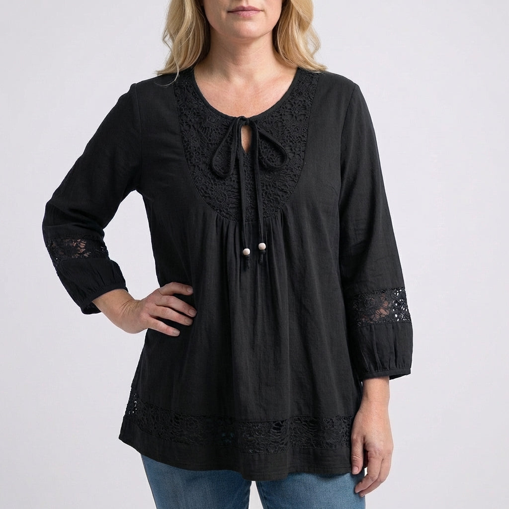 Loose-Fit Lace Patchwork Top with Tie-Neck and Beaded Accents