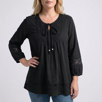 Loose-Fit Lace Patchwork Top with Tie-Neck and Beaded Accents