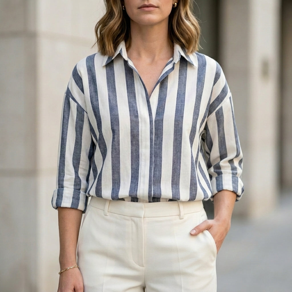 Relaxed Vertical Stripe Button-Up Blouse