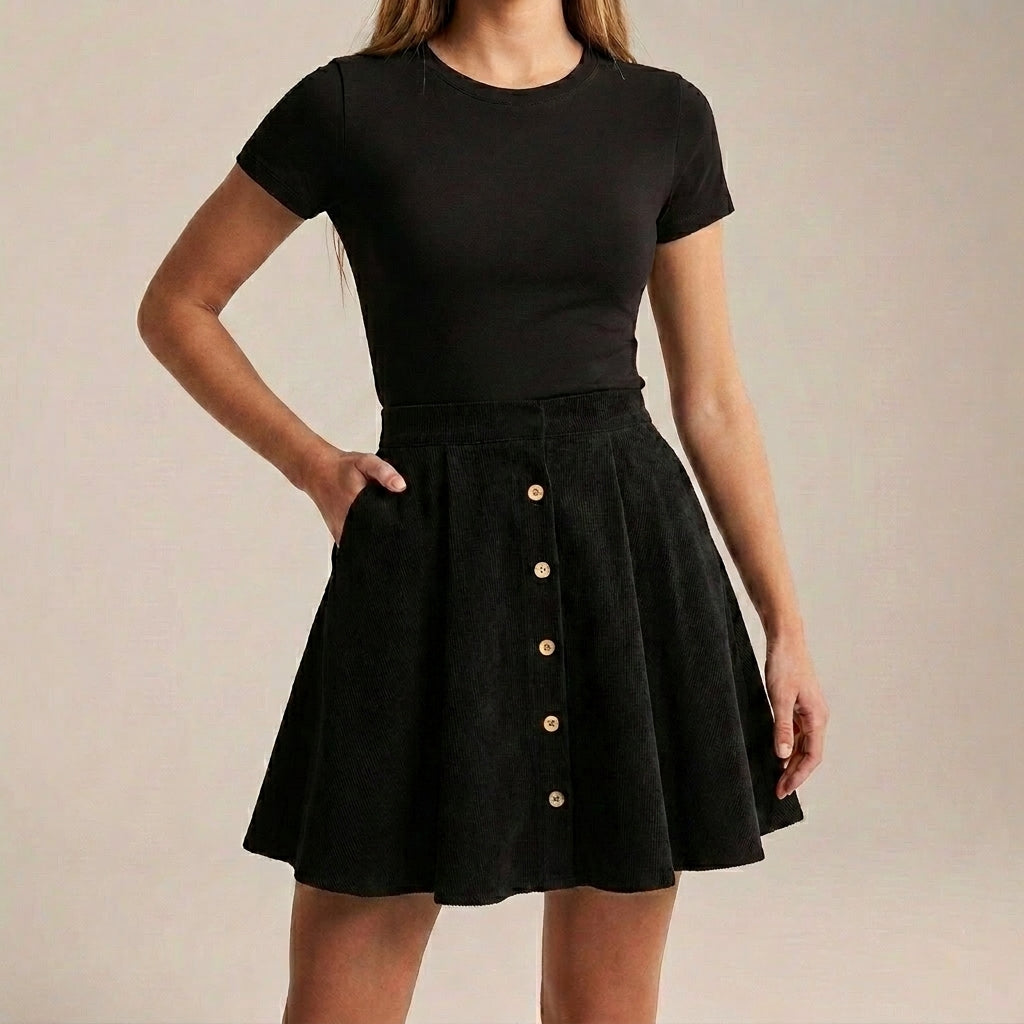 Structured High-Waisted A-Line Mini Skirt with Button Front Detail