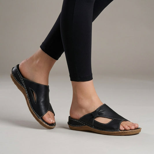 Slide Sandals with Bow Accent and Contoured Wedge Heel