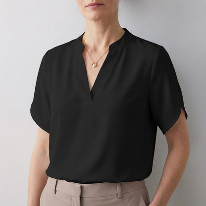 Dionne Relaxed V-Neck Blouse with Band Collar and Split Sleeves