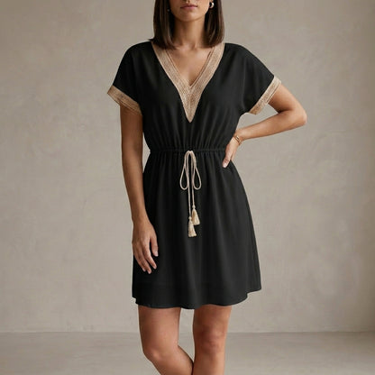 Lightweight Lace-Trimmed Mini Dress with Cinched Waist and V-Neckline