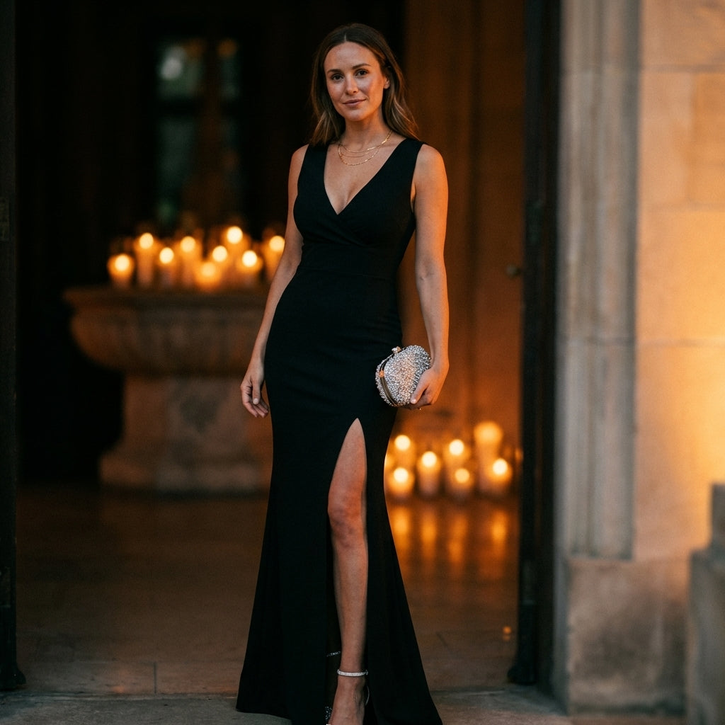 Sophisticated Fitted Maxi Dress with V-Neck Wrap and High Slit