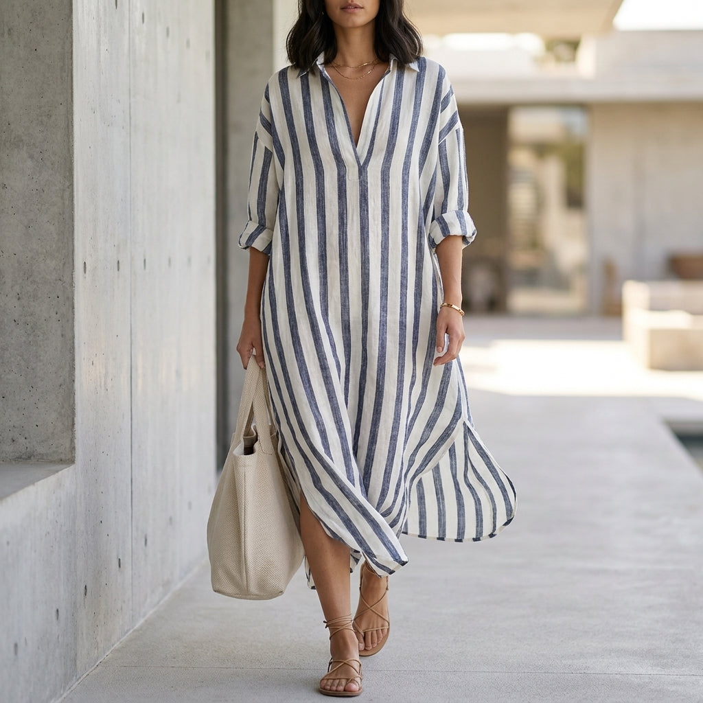 Relaxed Maxi Shirt Dress with Vertical Stripes and Classic Collar