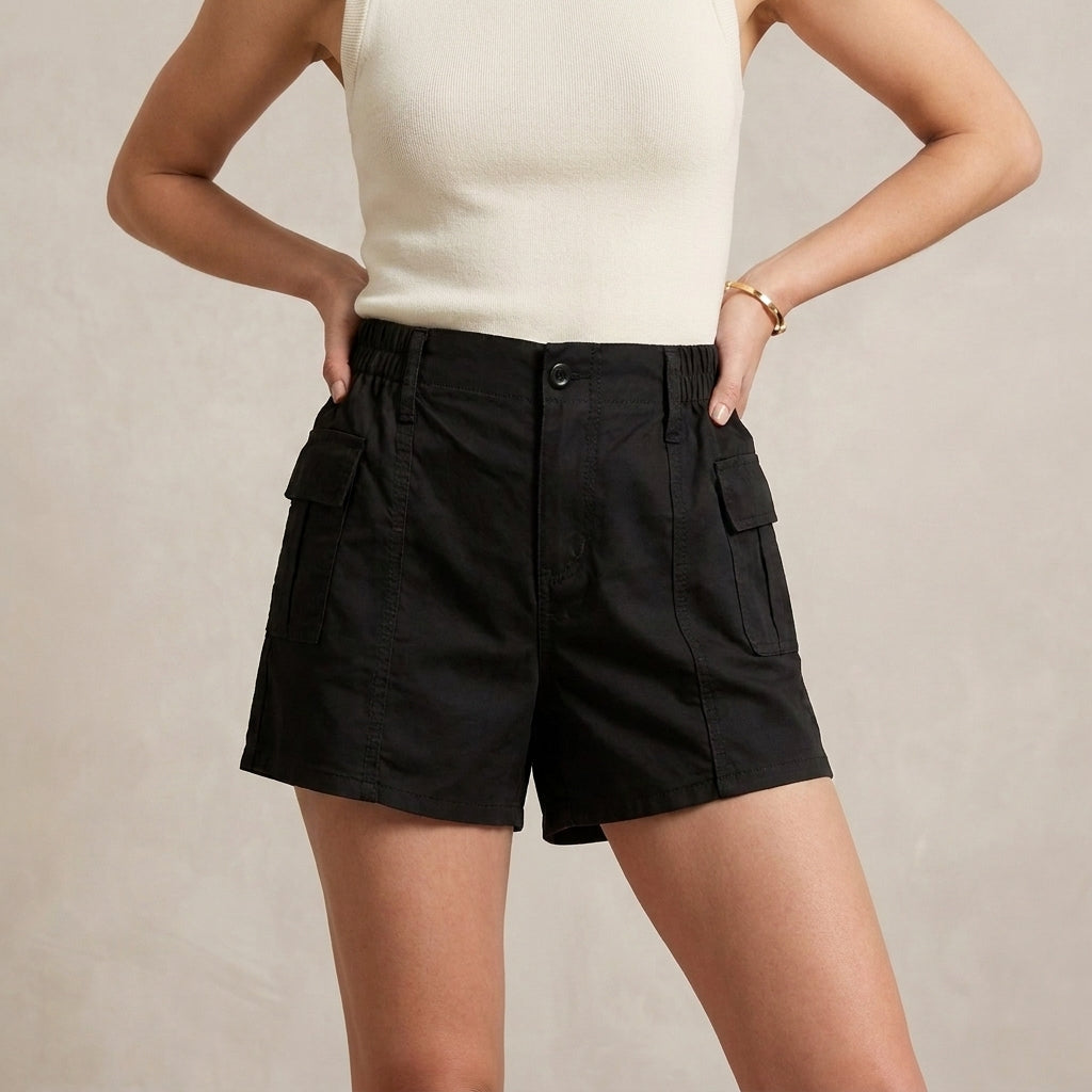 Slim-Fit High-Waisted Cargo Shorts with Structured Seam Detailing
