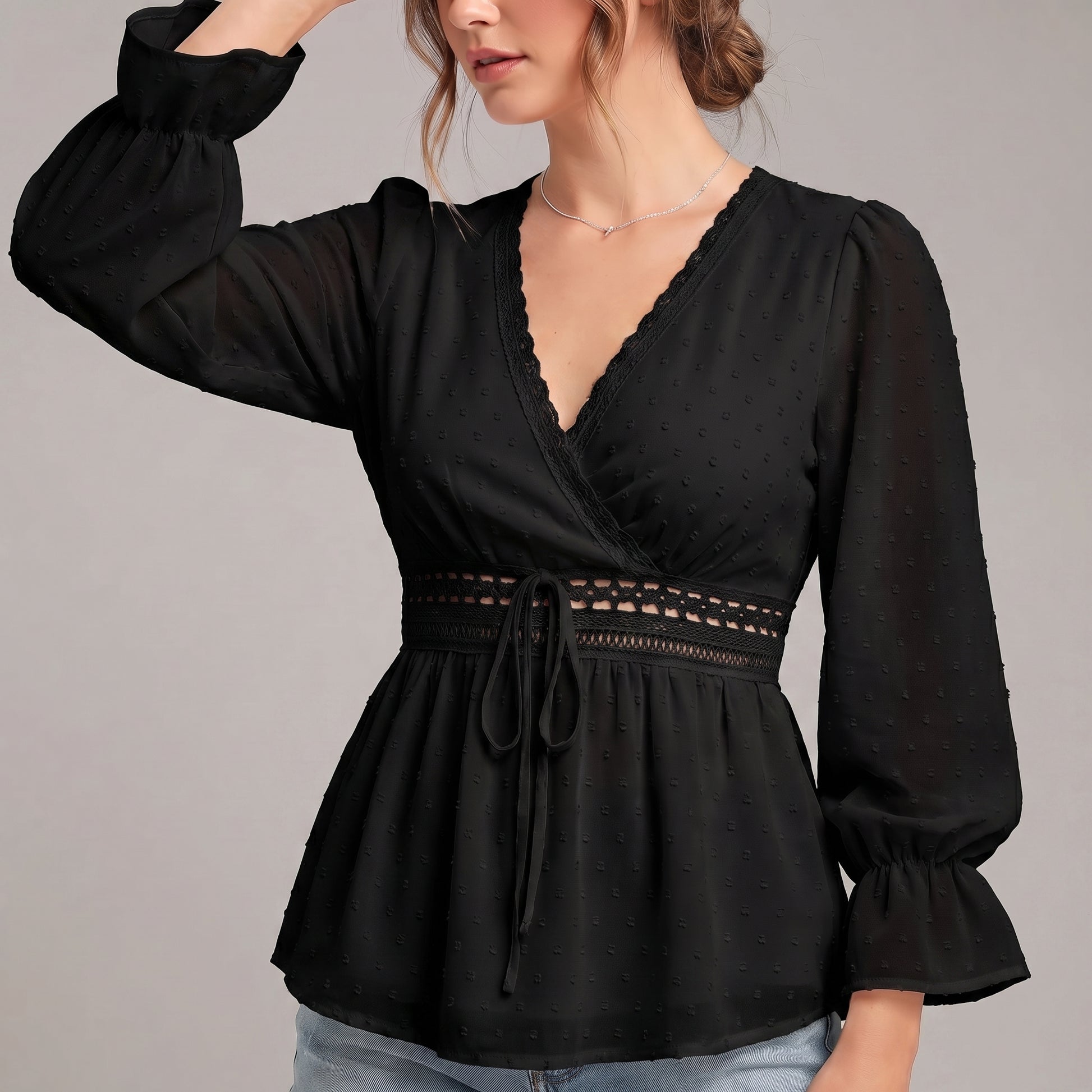 Romantic V-Neck Wrap Blouse with Lace Detailing and Ruffled Sleeves
